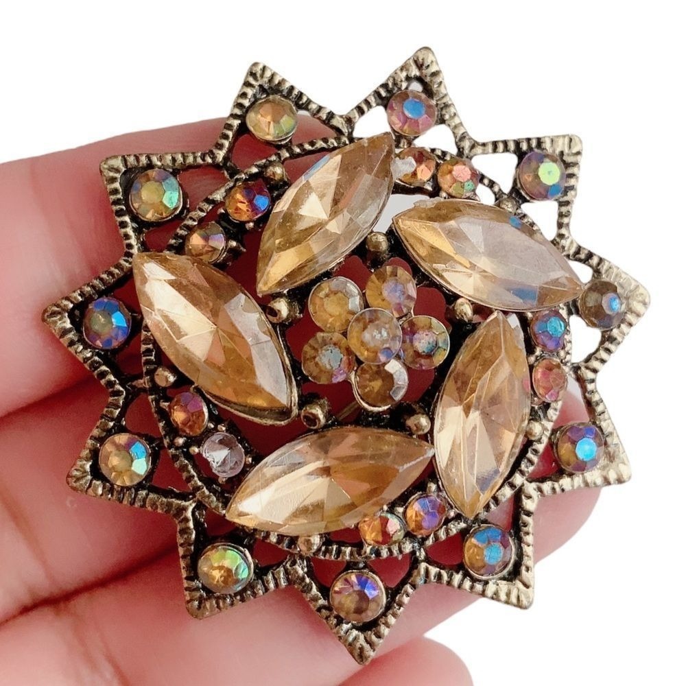 Modern‎ Gold Starburst Rhinestone Brooch Pin Women's Statement Jewelry
